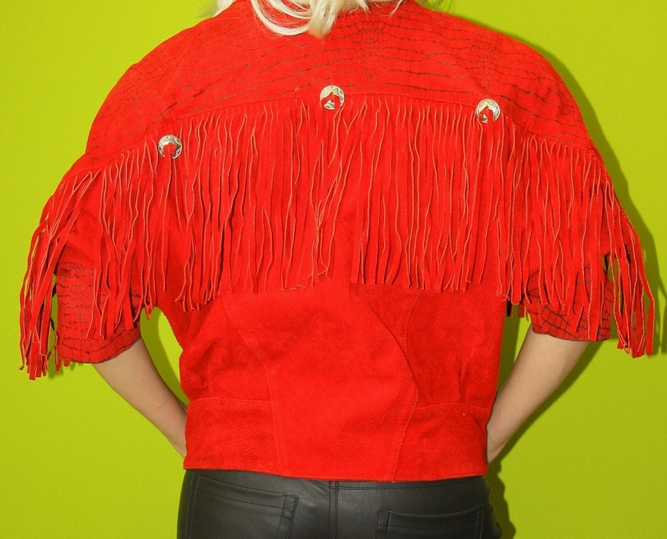 SALE Vtg 70s RED SUEDE Grommet Fringe Tuxedo Cut PYTHON Print Leather Jacket Sm M