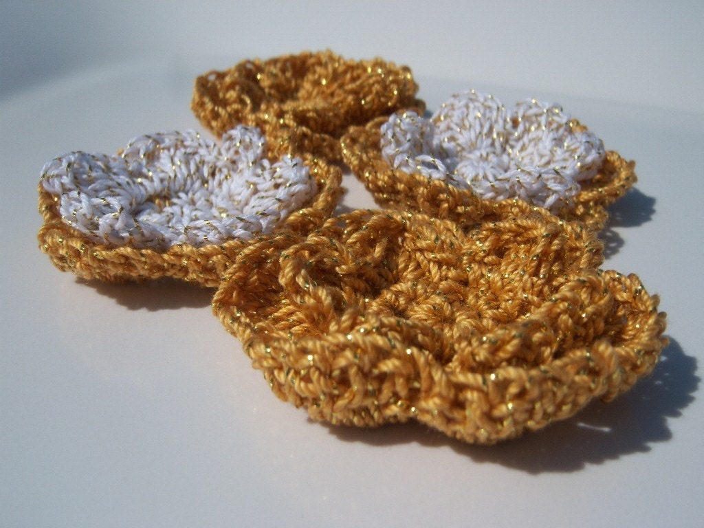 Glittery Gold Double Layer Crocheted Flowers - Set of 4 Mixed
