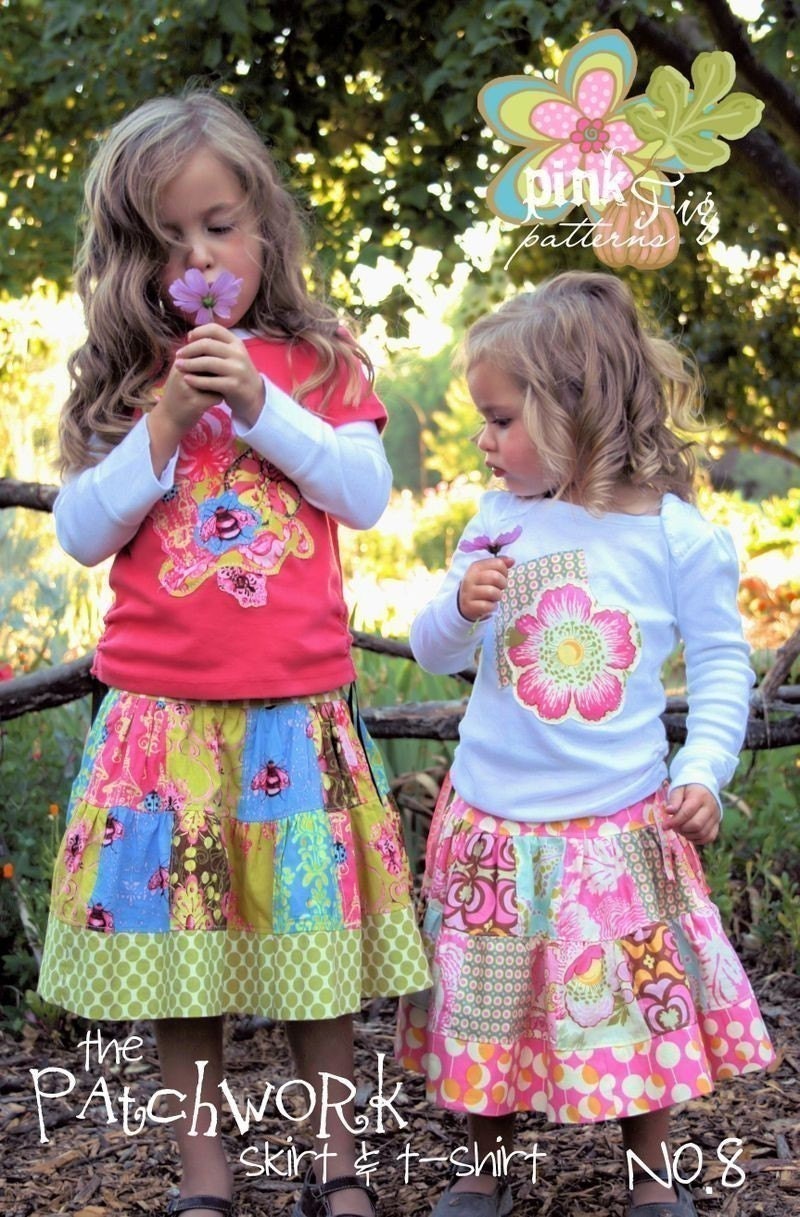 Pink Fig Sewing Pattern -- Patchwork Skirt and T Shirt, Free Shipping Offer