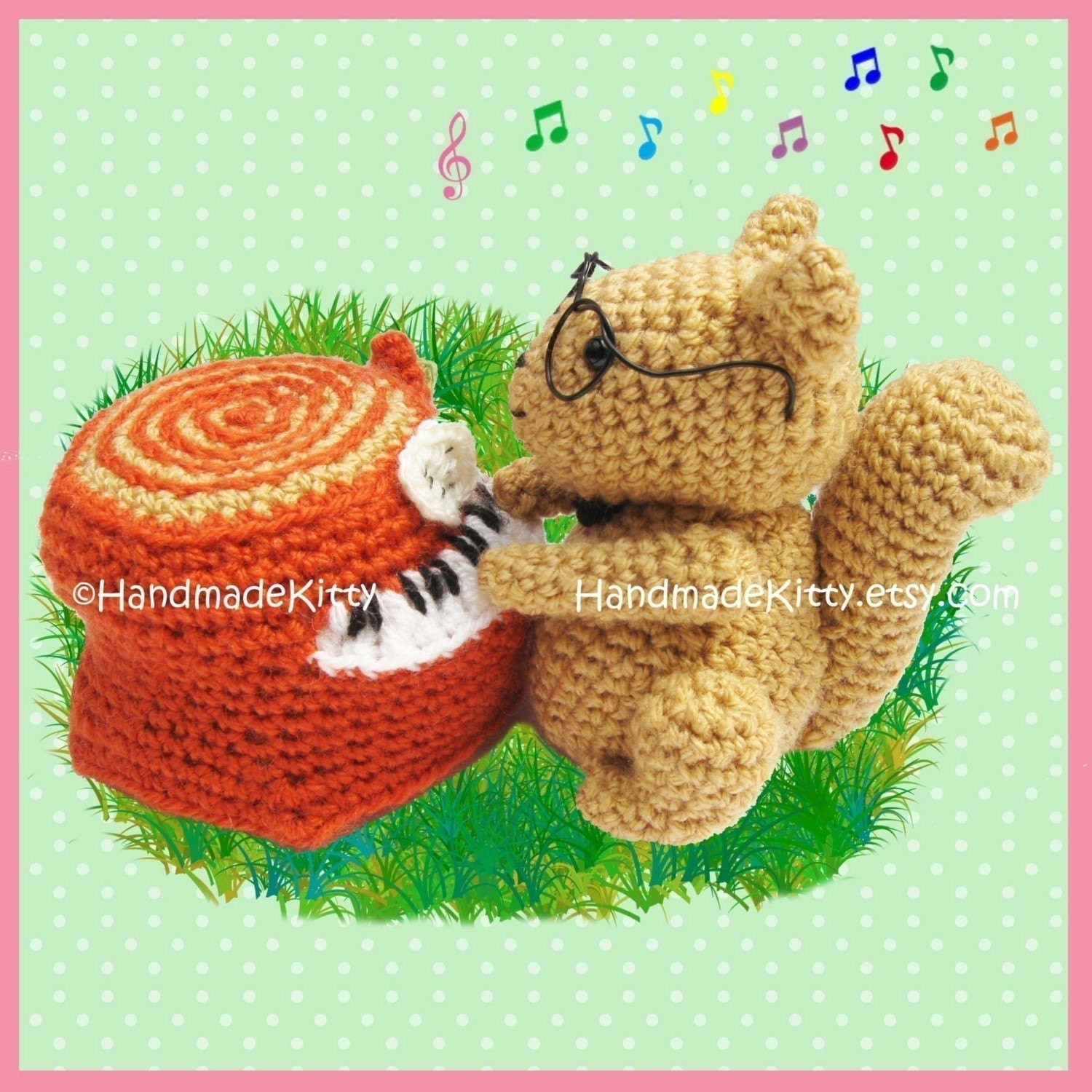 Squirrel playing a Piano Trunk Amigurumi PDF Crochet Pattern by HandmadeKitty