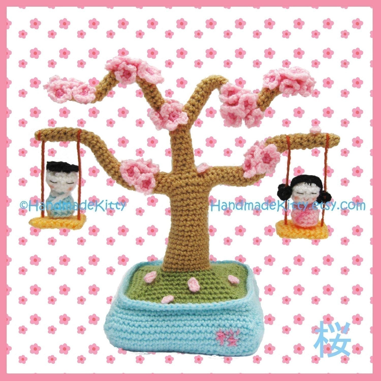 Sakura Cherry Blossom Bonsai with Kokeshi Children in a Swing Amigurumi Crochet Pattern by HandmadeKitty