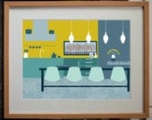 Modern mid-century Dining Room Interior - Digital Art Print