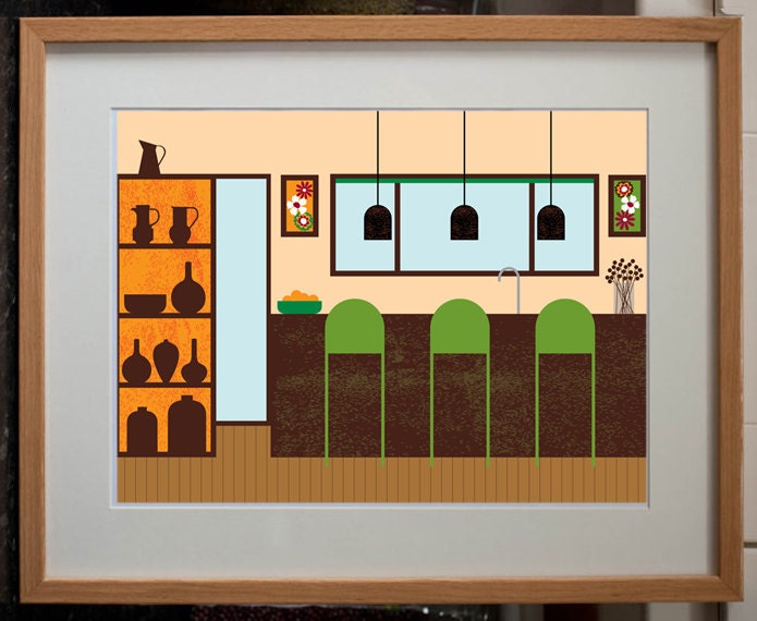 Retro Kitchen Interior - Digital Art Print