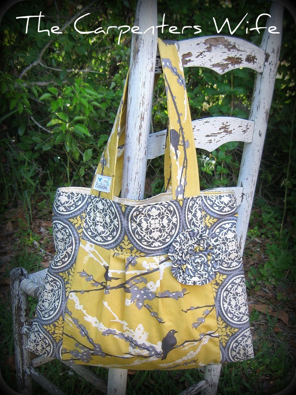 Golden Yellow Gray Sparrows, pleated purse with rosette