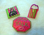 Girls Talk, handbag shopaholic 3 peace set iron on Embroidered Applique shoptillyoudropnow