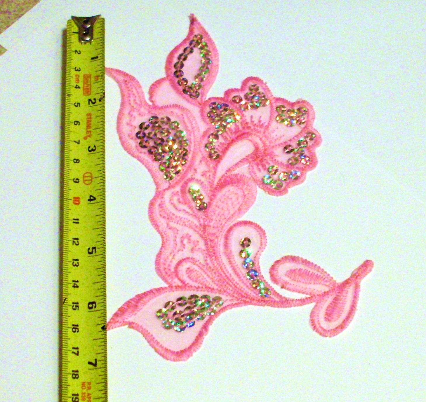Large Baby Pink Flower  embroidered organza with sequin patch, applique iron on by shoptillyoudropnow on etsy
