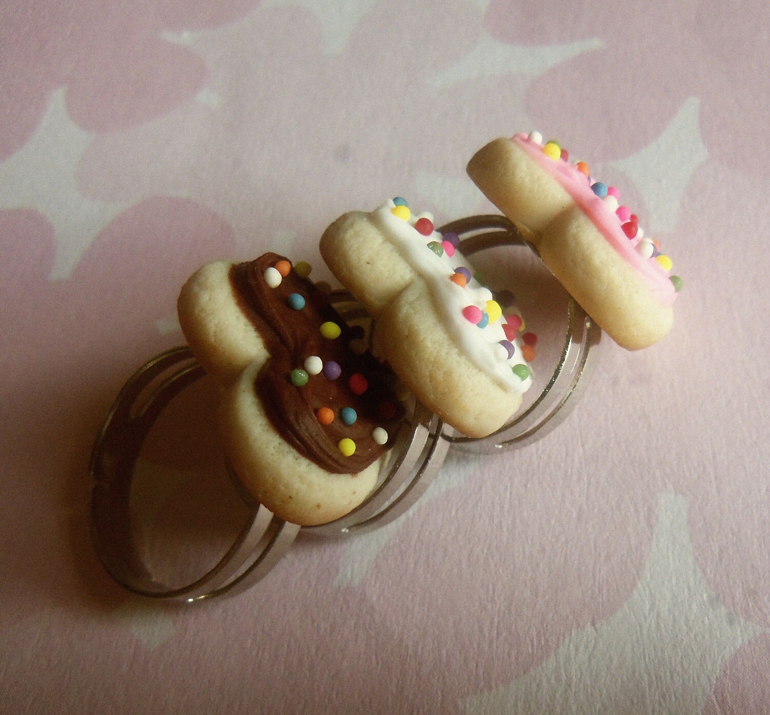 polymer clay heart shaped sugar cookie ring trio neapolitan rainbow sprinkles