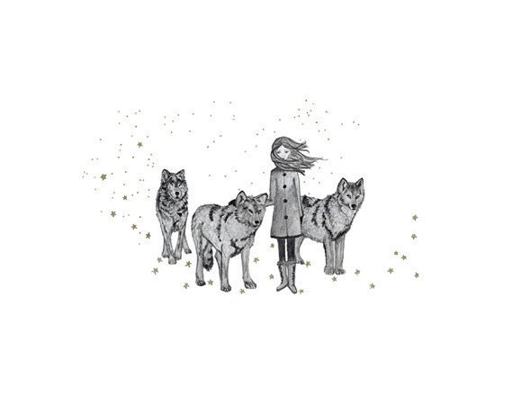 Girl and Wolves Illustration Print