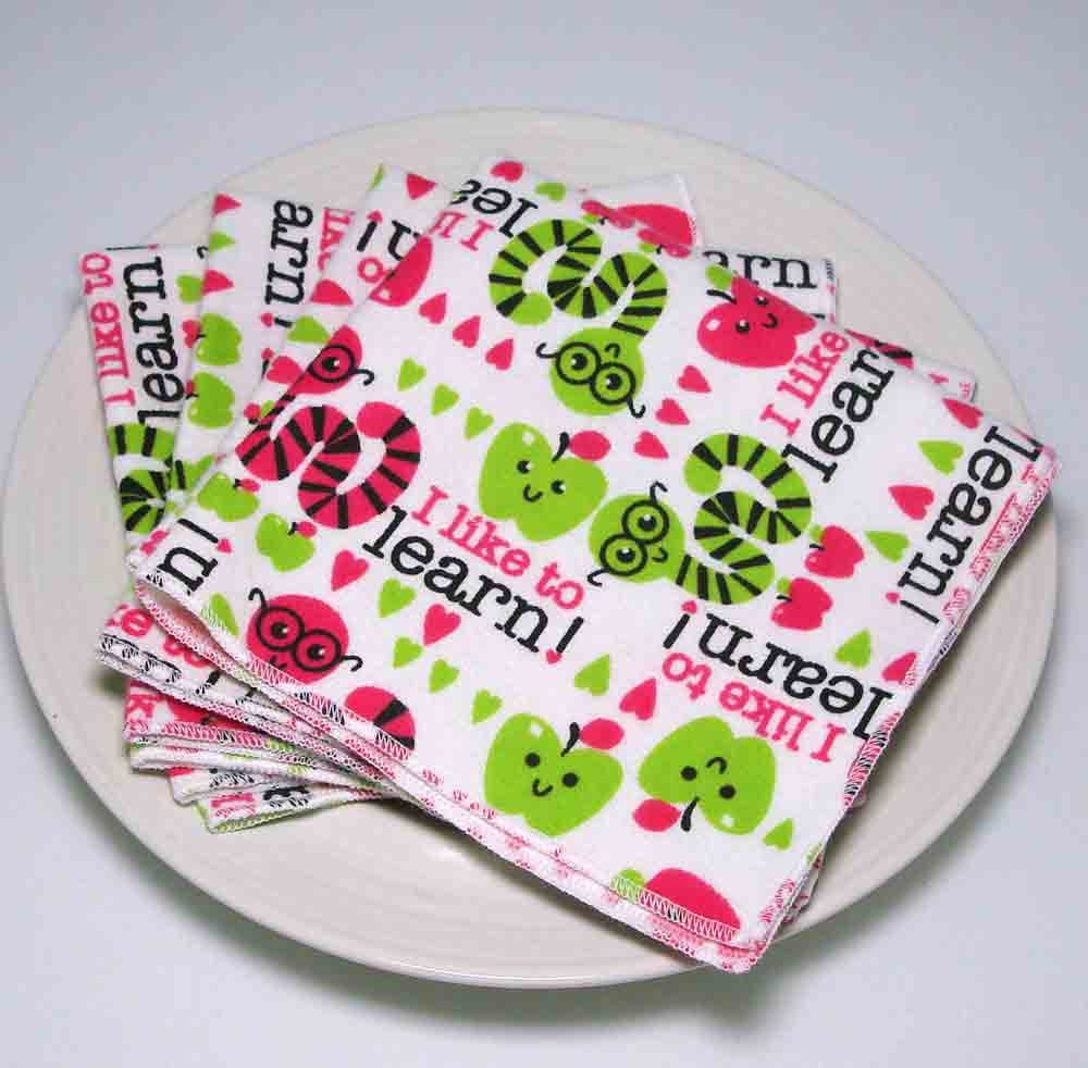 Cloth Napkins - Back to School Print - Reusable Washable Dryable Everyday Flannel - set of 4
