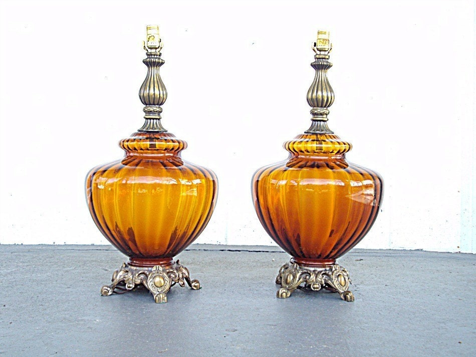 Vintage Blown Glass Lamps - Hollywood Regency - Pair - Set - Large Scale Lamps - PamelaJoyceDesigns