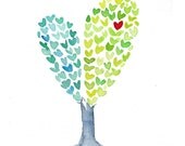 Heart Tree  art Print of an original watercolor painting , Love , anniversary, girly,  aqua green, whimsy fun,Valentine, mothers day