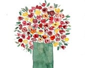 Colorful bouquet  print of original  watercolor painting , Still Life. mother's day, Green,  Red, Pink,shabby chic, floral