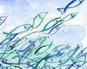 Fish are Jumping  art  print of absract  watercolor painitng   in blue turquoise teal and green, marine, coast, fathers day, Louis Armstron