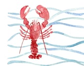 Red Lobster art print of original watercolor  painting.  Lobster and waves Stripes . nautical. marine, cottage chic, coast, beach. fishing