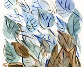Abstract Leaves 16X11 Archival Print of  original watercolor painting limited edtion, Teal brown light blue Valentine sale
