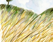 The Wheat Field fine art print limited edition in hues of Yellow Mustard Ochre Olive Green and light Blue, harvest