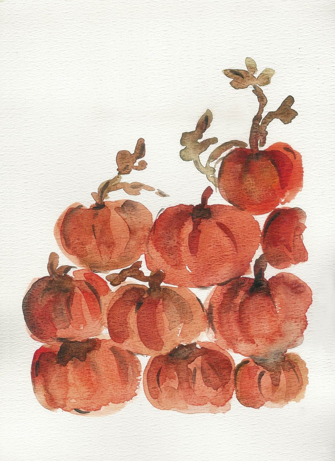 Pumpkin Hill Art print of my original watercolor painting of Pumpkins heap in Orange and Brown, halloween, thanks giving, still life