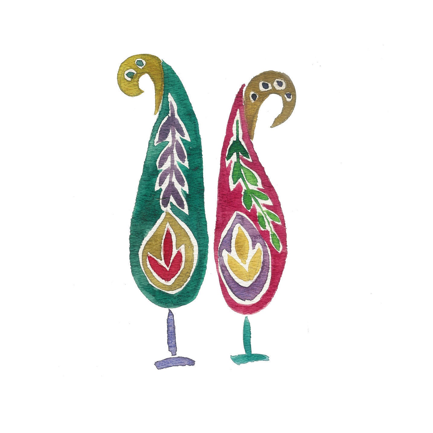 Paisley couple  art Print of original water color painting  2 paisley shape trees, wedding gift, Boho chick, folk art ,holiday decor