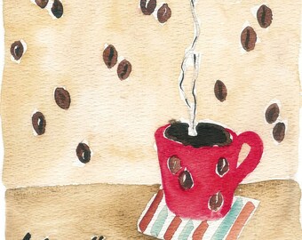 Coffee Break art  print of  Original Watercolor painting of a coffee cup and coffee beans wall paper, home decor, cozy, unisex
