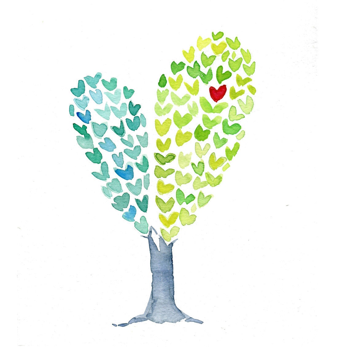 Heart Tree  art Print of an original watercolor painting , Love , anniversary, girly,  aqua green, whimsy fun,Valentine, mothers day