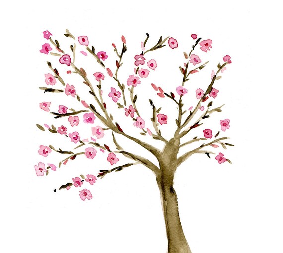 Almond  Tree art print of  Original watercolor painting in Pink and Brown, Folk art inspired, Mediterranean, mountain of spices, mothers day