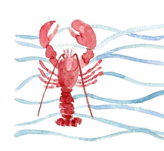 Red Lobster art print of original watercolor painting. Lobster and waves Stripes, nautical, marine, cottage chic, coast, beach. fishing