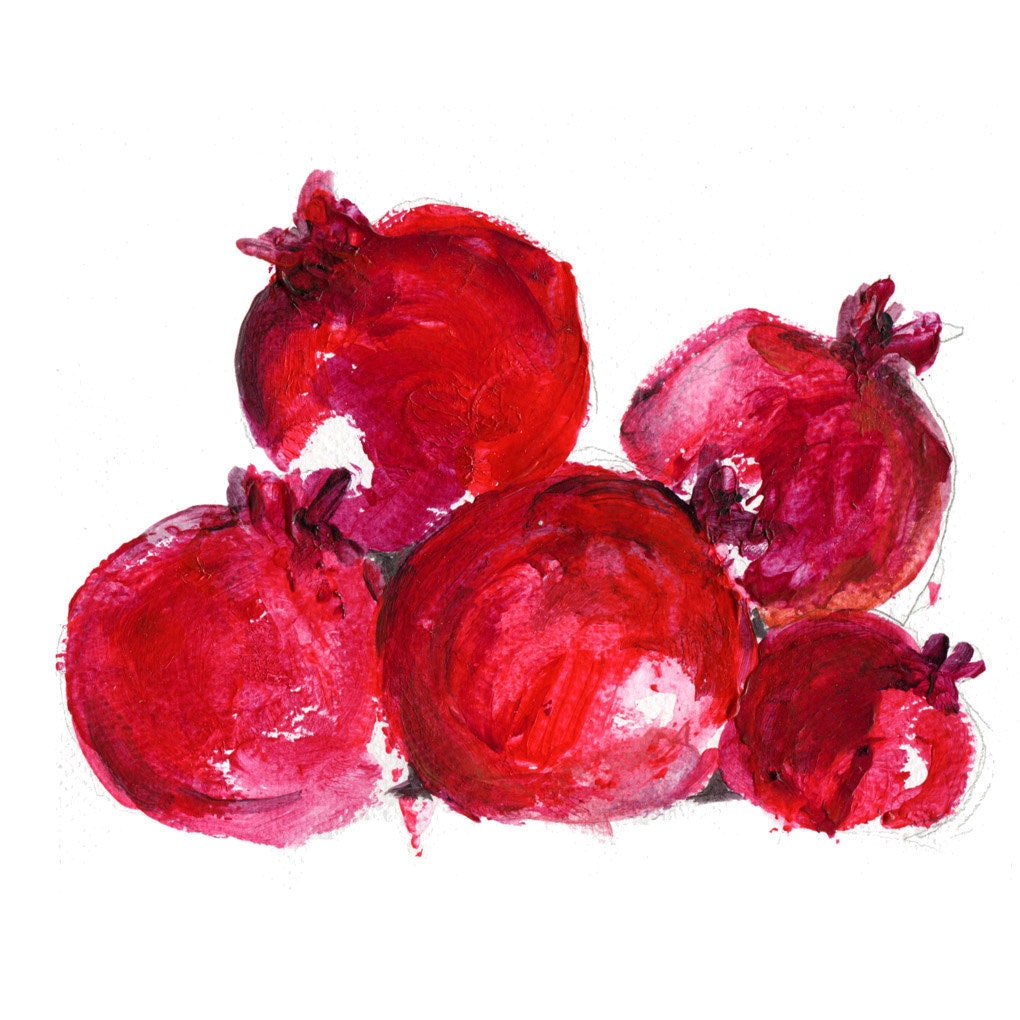 Pomegranates Art print of original painting Acrylic on paper still life, in deep ruby red, rustic bold wall art, home decor, kitchen art