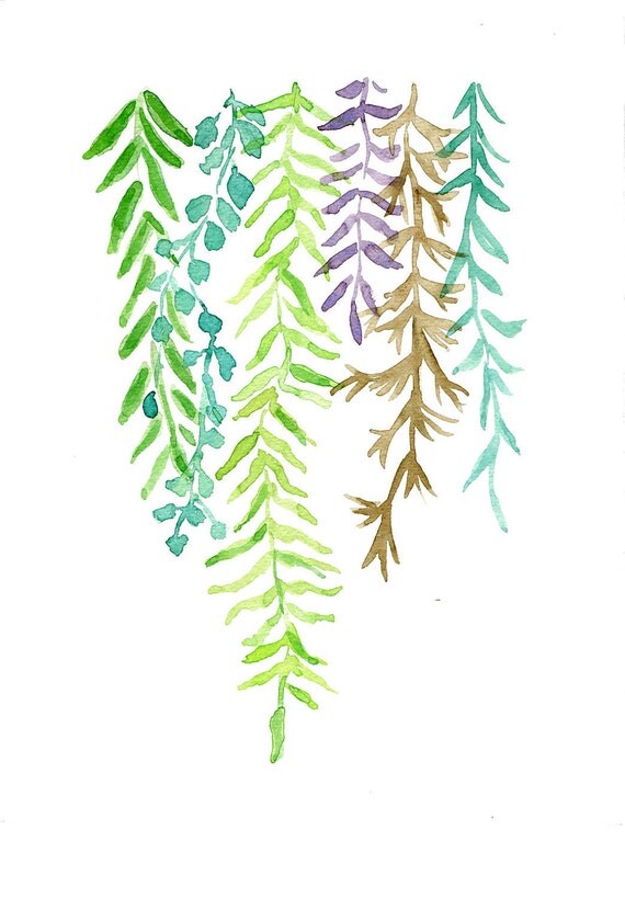 Abstract Ferns Print of original watercolor painting of ferns , green, Lime , Teal , Amber and purple , Plants, modern fresh wall decor