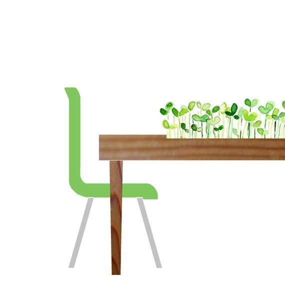 Table for two  16X11 digital art Print of wood table with sprouts Minimalist modern zen  brown green Valentine day digital collage