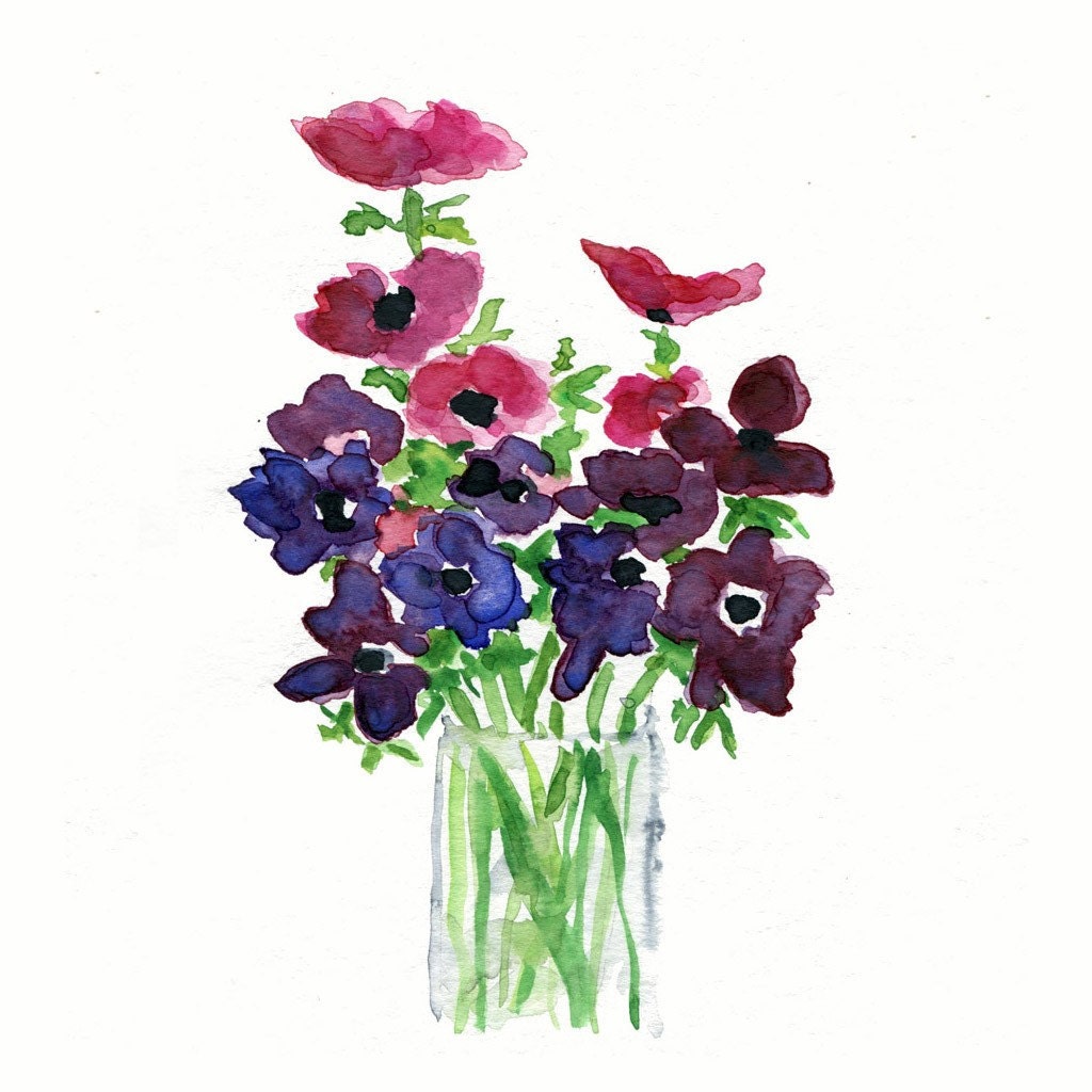 Anemone bouquet Print of my original Still Life watercolor painting in Purple Fuchsia and Green limited edition, mothers day