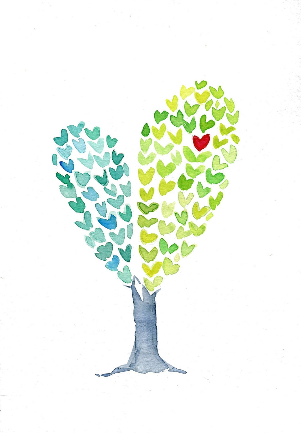 Heart Tree  art Print of an original watercolor painting , Love , anniversary, girly,  aqua green, whimsy fun,Valentine, mothers day