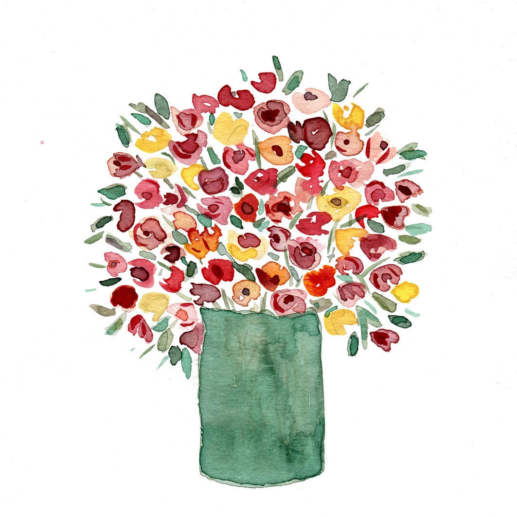 Colorful bouquet print of original watercolor painting , Still Life. mother's day, Green, Red, Pink,shabby chic, floral