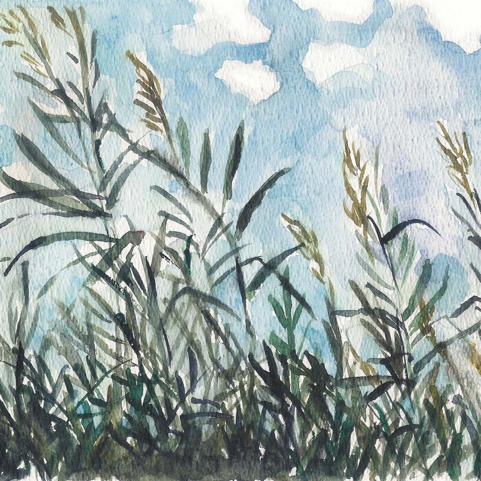 On a Windy Day art Print  of bamboo on a cloudy windy day, limited edition, landscape painting ,Dusk Blue , teal .