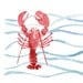 Red Lobster art print of original watercolor painting. Lobster and waves Stripes, nautical, marine, cottage chic, coast, beach. fishing