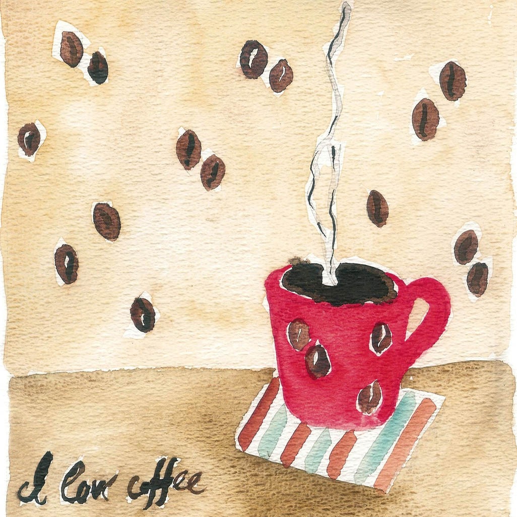 Coffee Break art print of Original Watercolor painting of a coffee cup and coffee beans wall paper, home decor, cozy, unisex