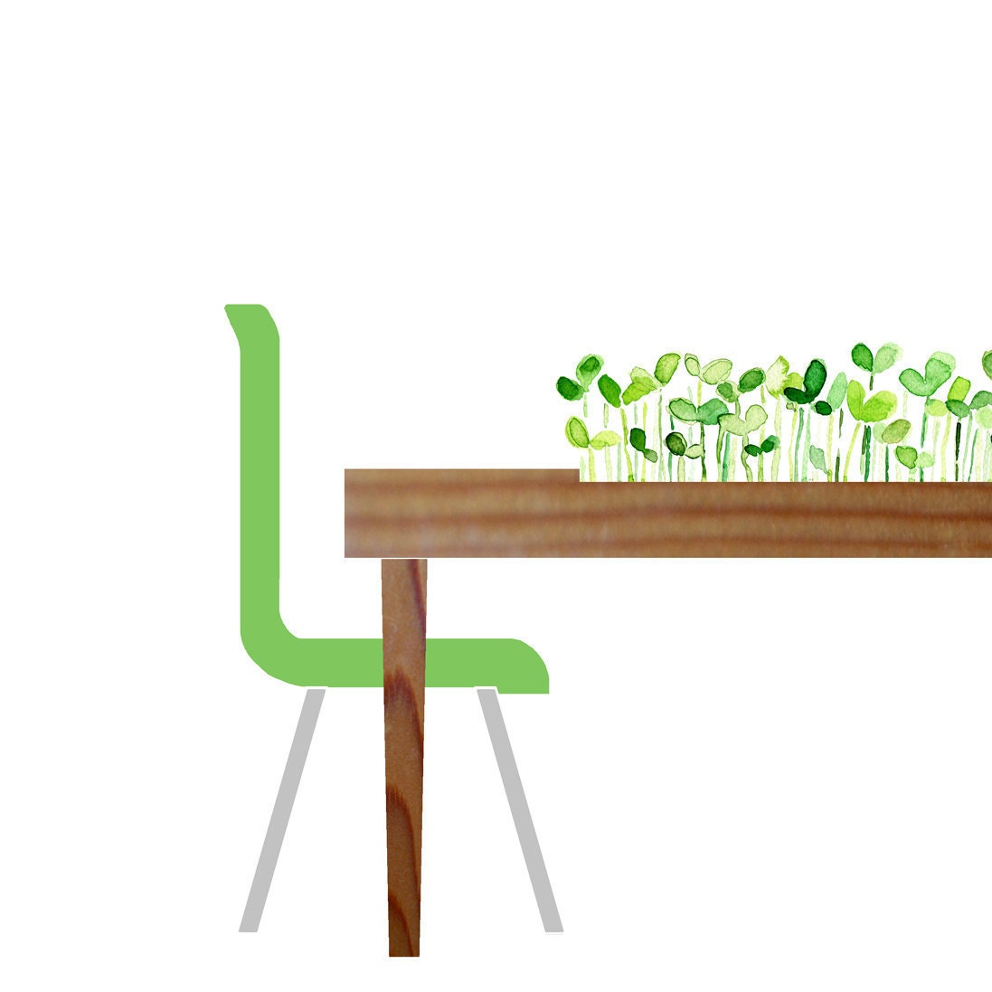 Table for two  16X11 digital art Print of wood table with sprouts Minimalist modern zen  brown green Valentine day digital collage