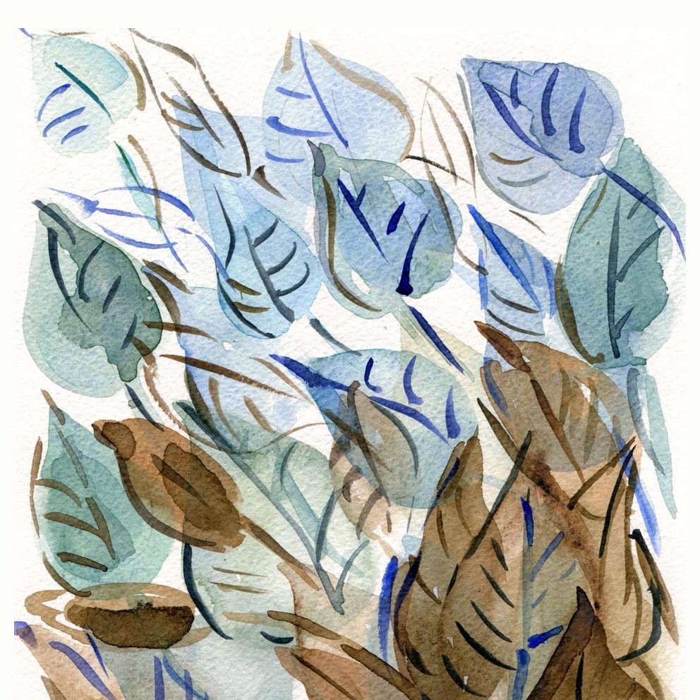 Abstract Leaves 16X11 Archival Print of original watercolor painting limited edtion, Teal brown light blue Valentine sale