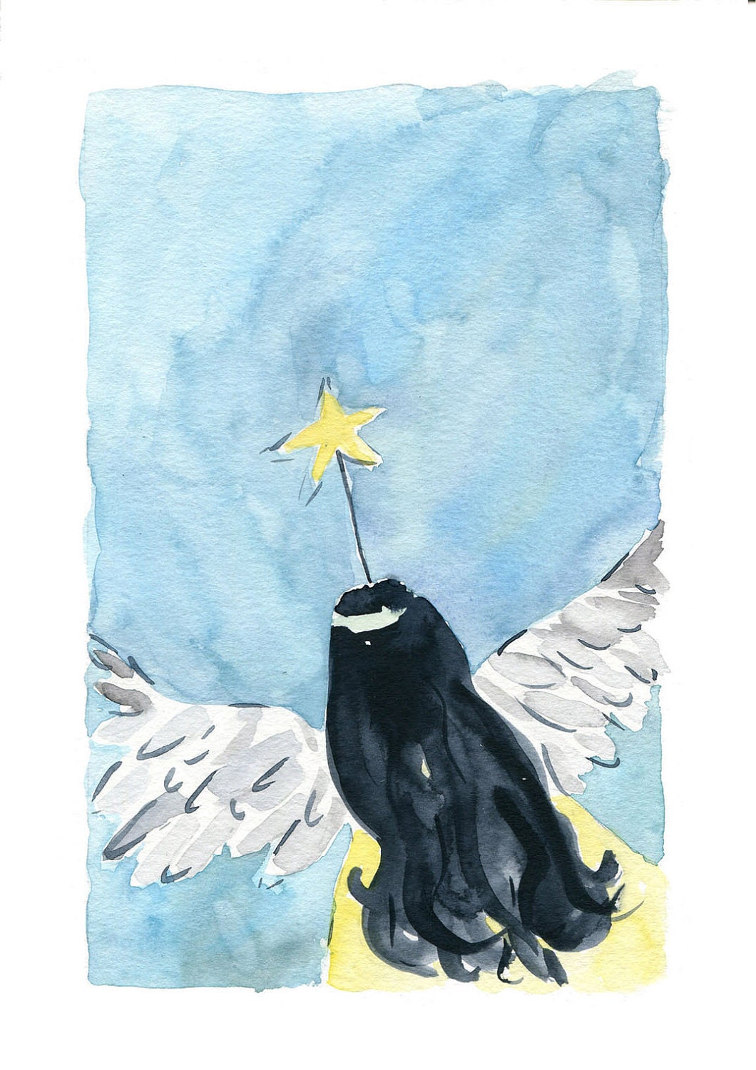 Angel in blue sky and yellow star, Original watercolor painting, girly, girls, wall decor, nursery decor, noel, Christmas, fantasy