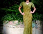 Vintage Green Dress 30s - 80s Bias Cut Olive with Black Polka Dots and Flutter Sleeves, Fishtail Hem