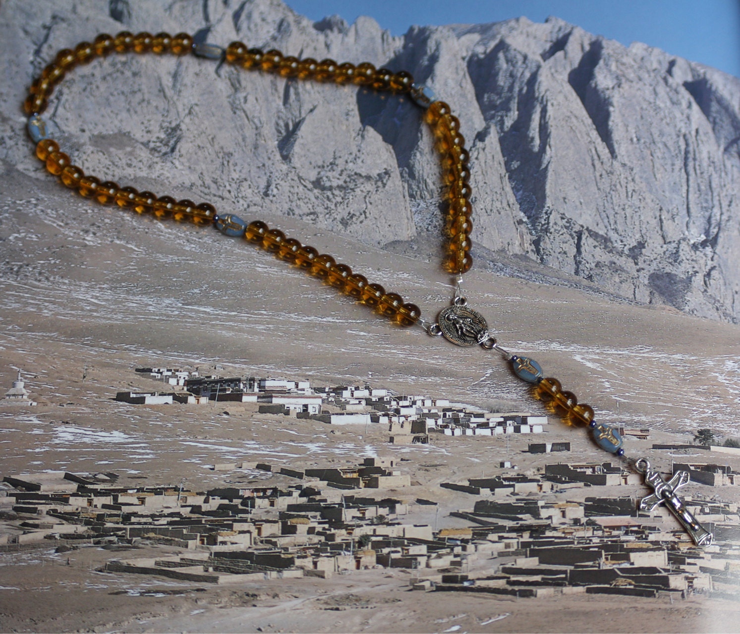 Soothing Amber Rosary Prayer Beads with Pressed Czech Glass Crucifix Beads, Reiki Charged