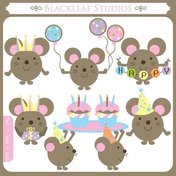 Party Mouse - birthday mouse, party hats, celebration mouse, animals, cute animals, scrapbooking - Personal and Commercial Use Clip Art Il_570xn