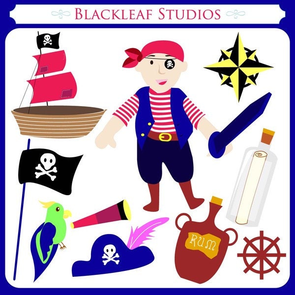 Pirates digital clip art set - ahoy, caribbean, jack sparrow, captain, sea, ship, parrot, bottle, ho ho ho - Personal and Commercial Il_570xn