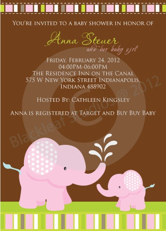 Baby Shower - Cute Pink Baby Elephant Invitation Printable for Baby Shower, Birth Announcement, Mom to be Il_570xn