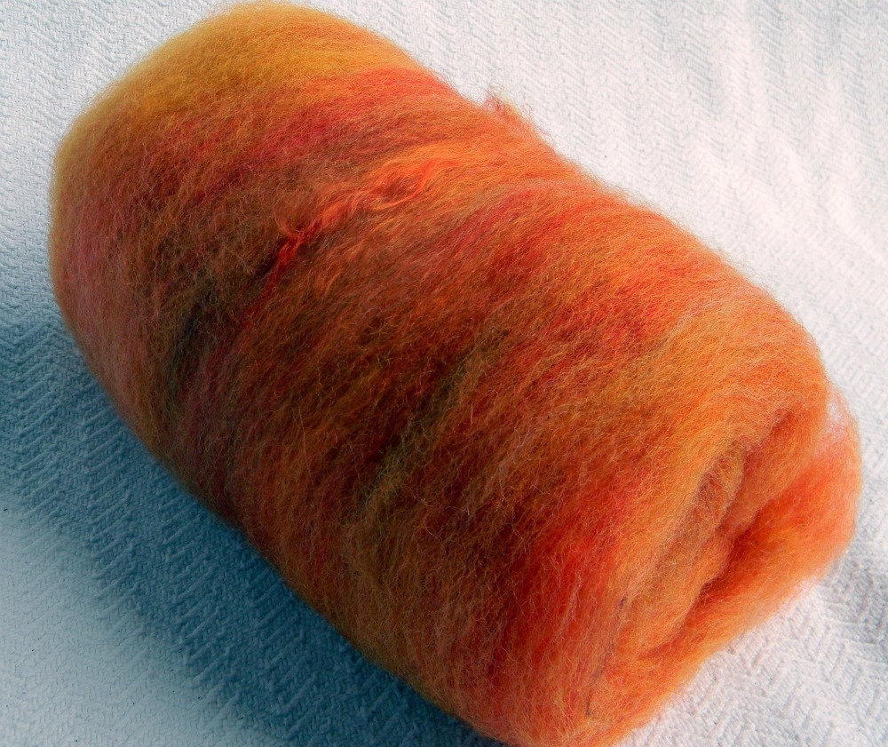 Pumpkin Orange Spinning Fiber Batts hand dyed wool mohair locks Art Batt Fibre