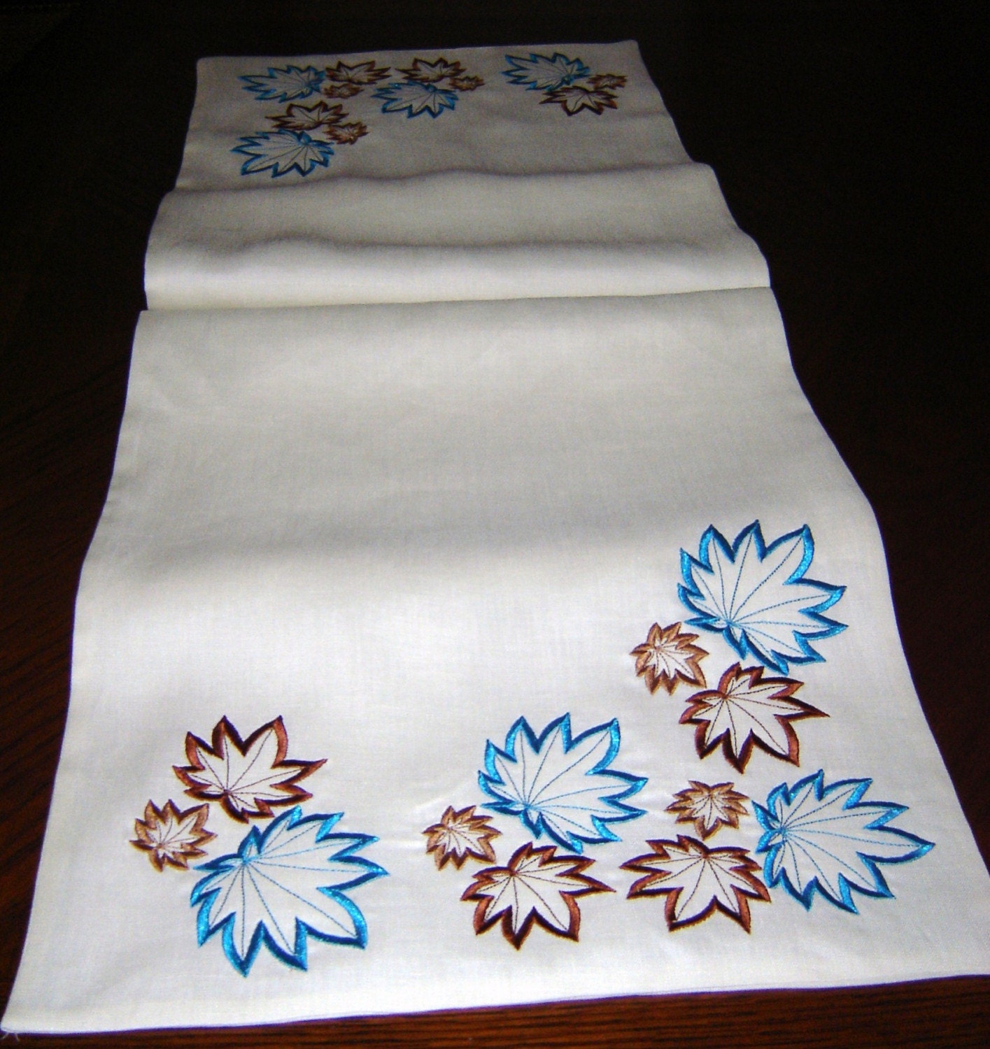 Table Runner Aqua Chocolate Brown Leaf Linen Autumn Table Runner Tablecloth Placemats Napkins Table Furniture Room Decor Bedding Home Decor