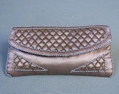 Vintage 50s Pink Satin Clutch Evening Hand Bag Purse Beaded Pearls