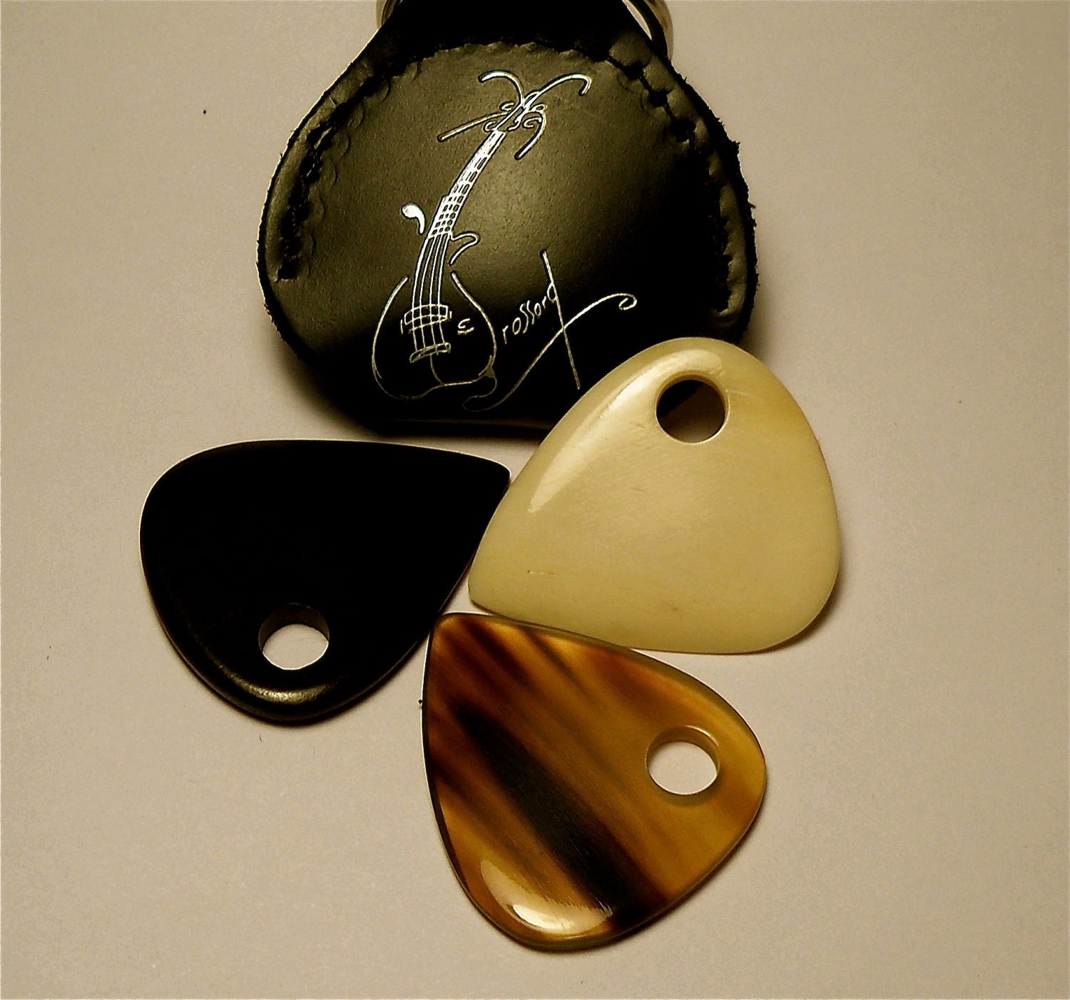 The Bone, Ebony and Horn Set, Brossard Handmade Guitar picks including a keychain pocket