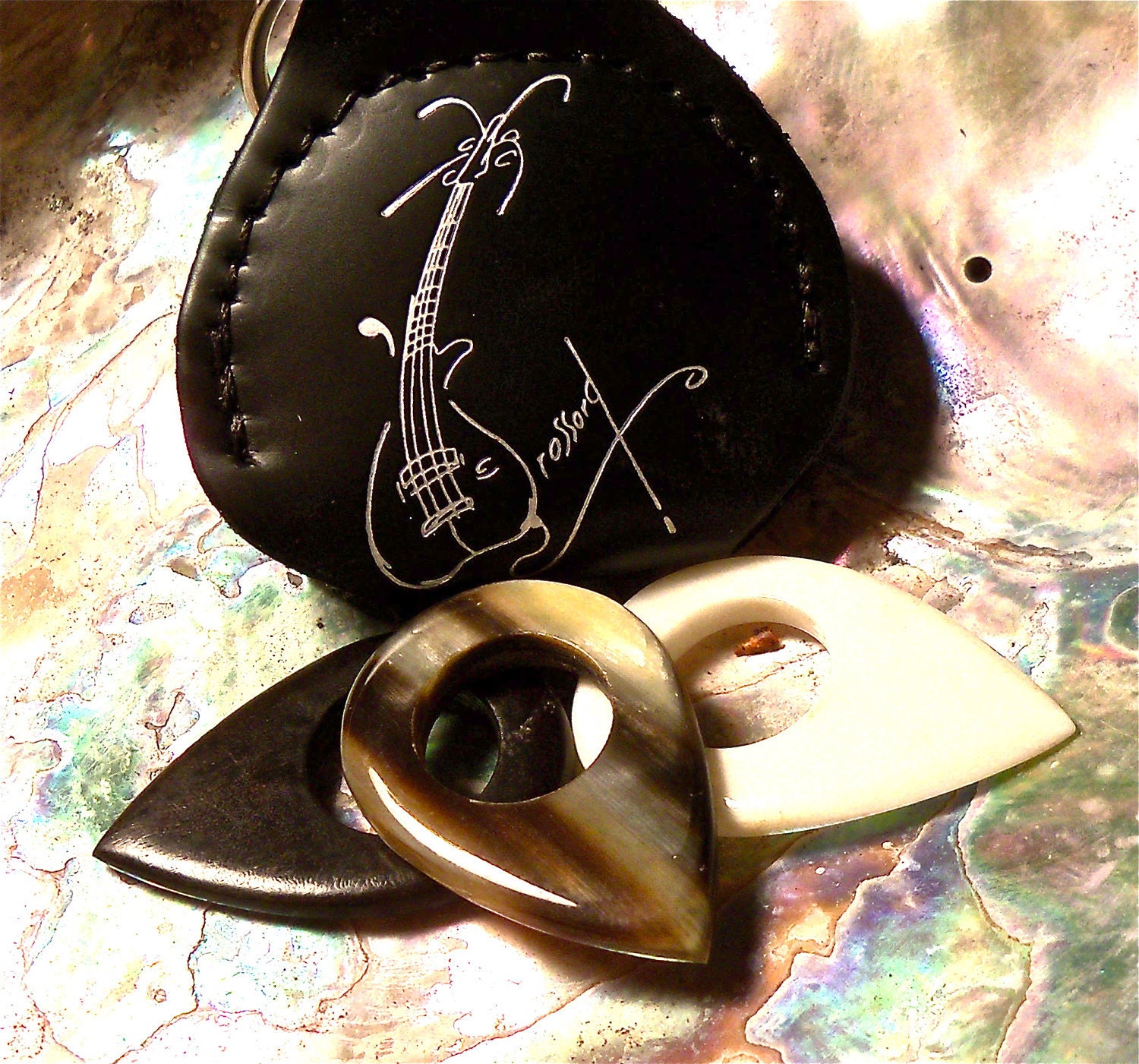 The Bone, Ebony and Horn Set, Handmade Guitar picks including a keychain pocket