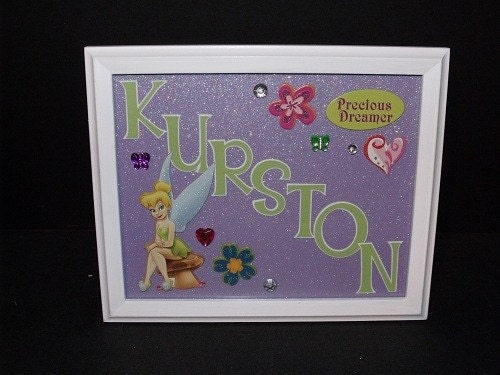Tinkerbell Girls Decor Name Frame - Personalized - 8x10 White Frame - Glitter Background