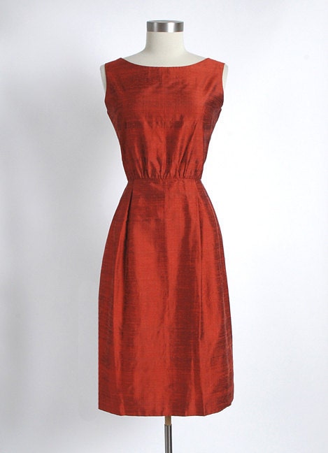 1960s 1950s Vintage Rust Color Silk Shantung Cocktail Dress